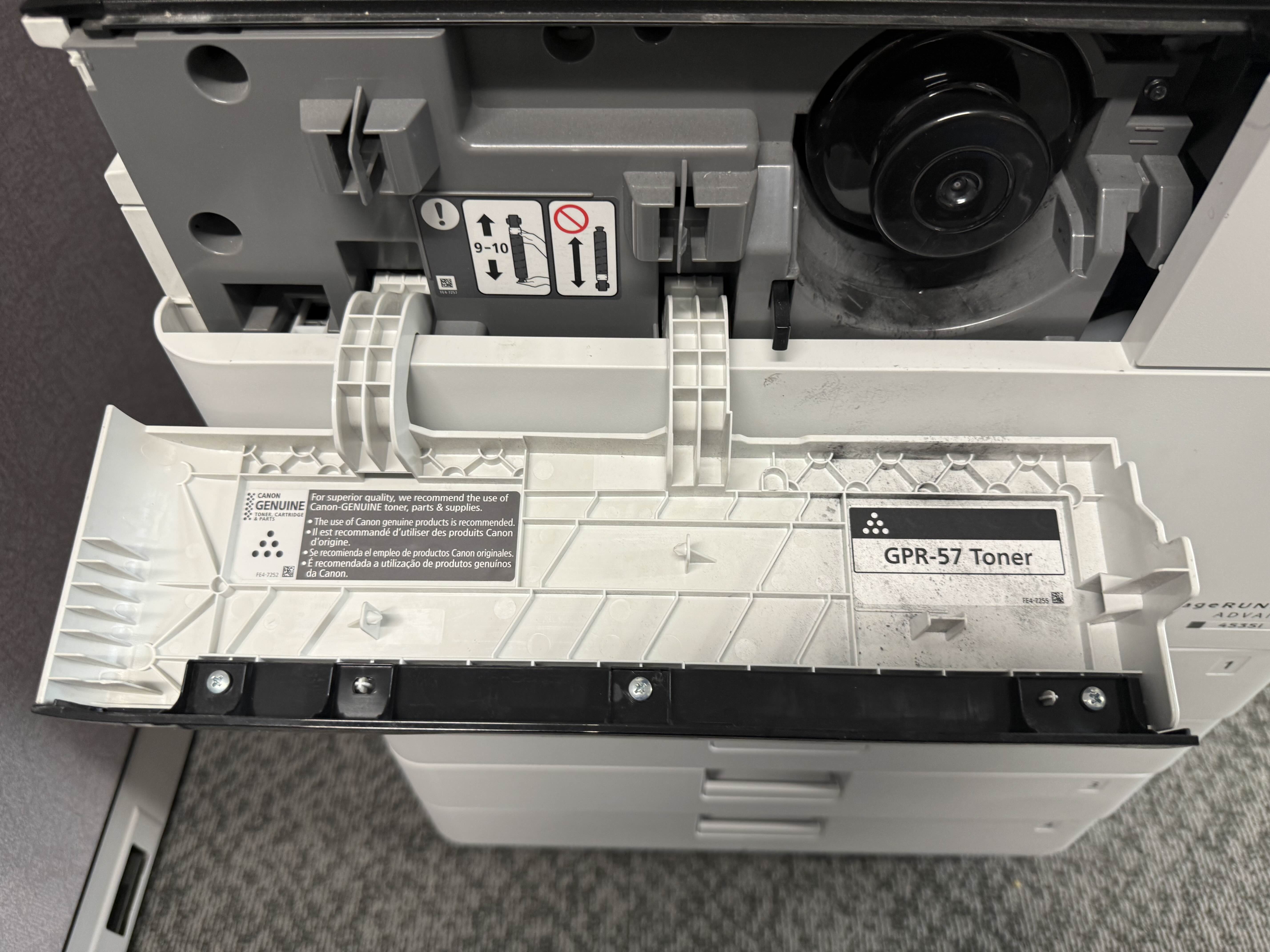 Canon imageRUNNER ADVANCE 4535i GPR-57 toner cartridge bay open during maintenance