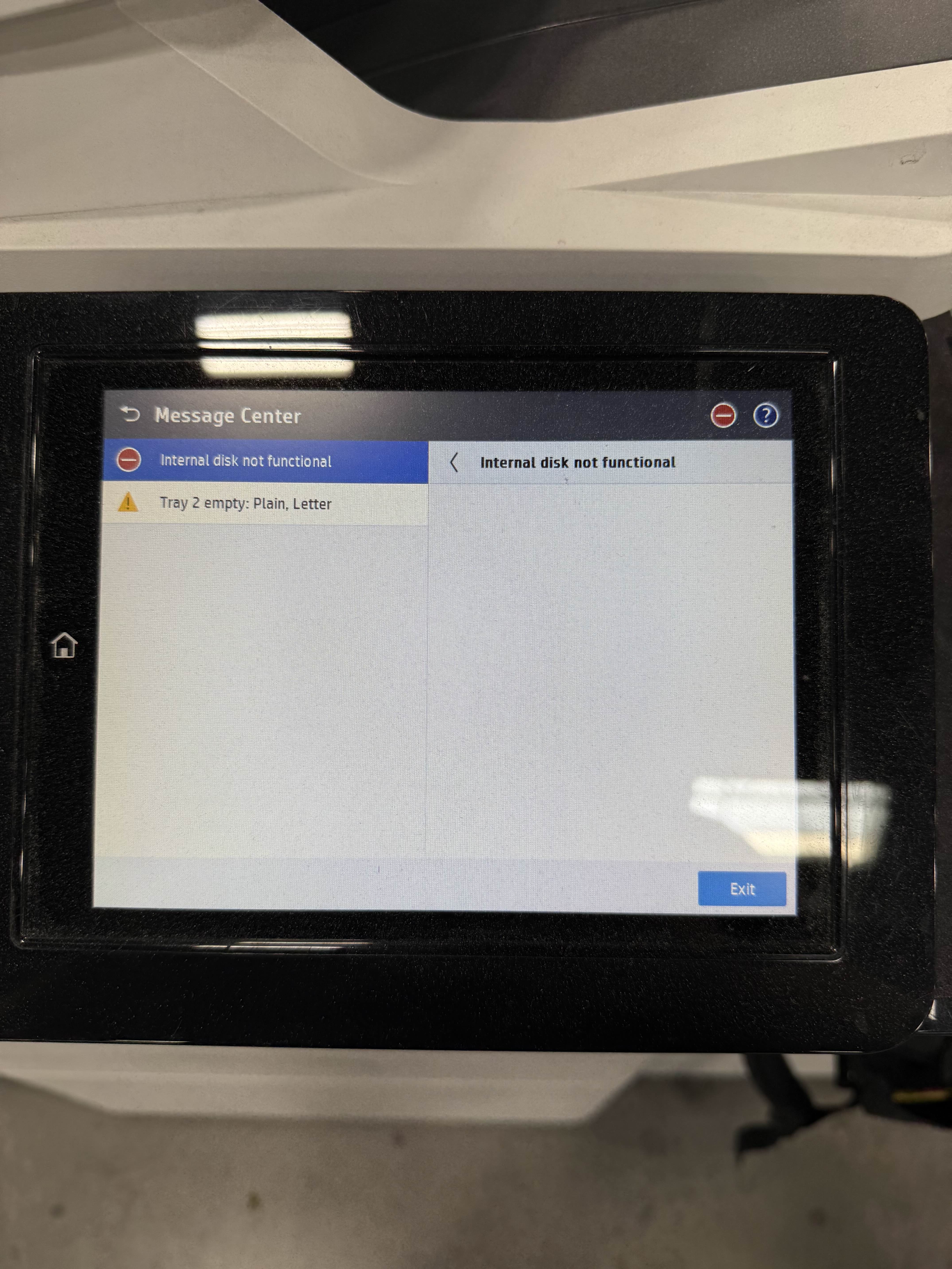 HP Enterprise printer showing Internal disk not functional error on Message Center screen