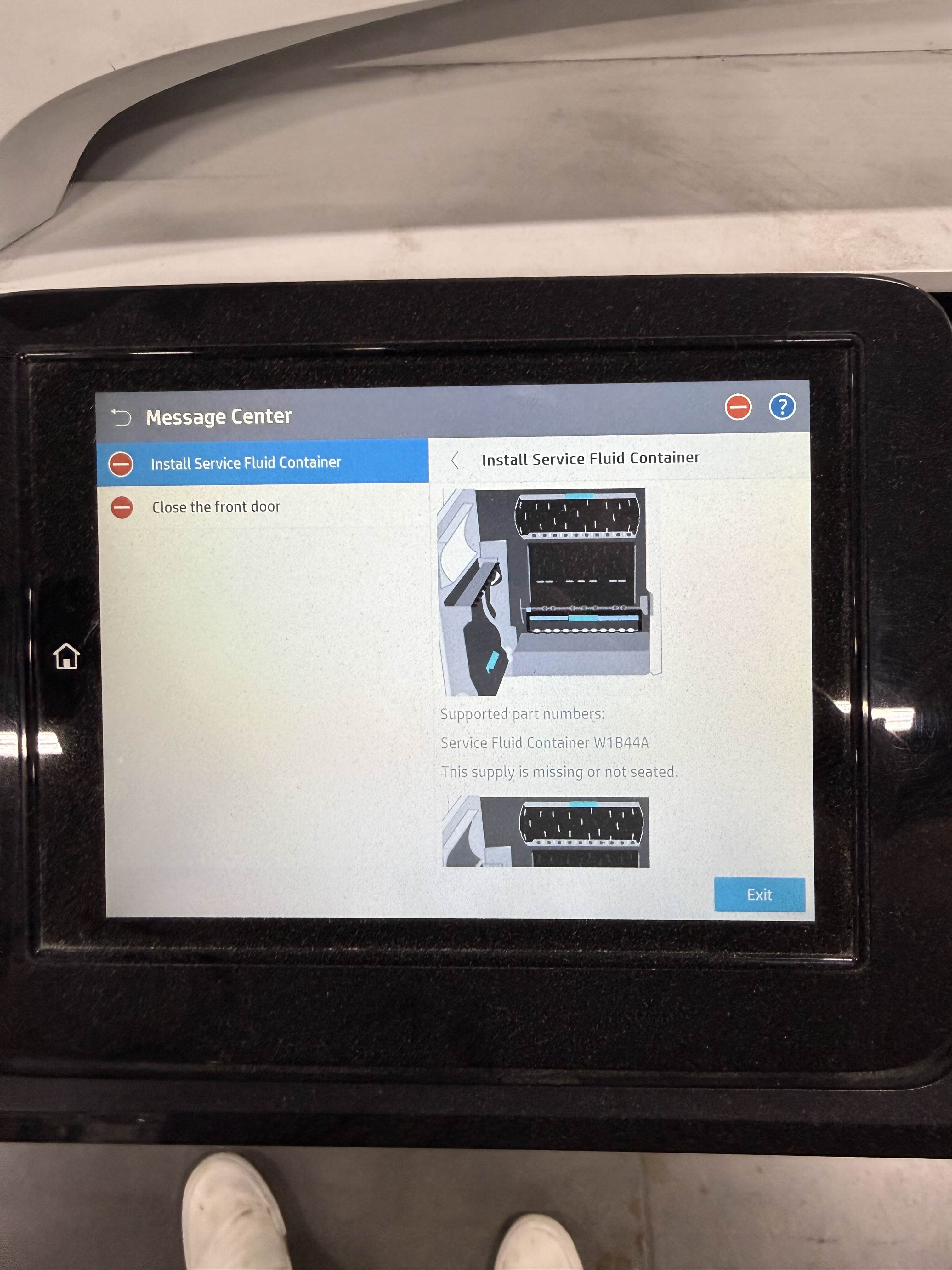 HP printer touchscreen showing Install Service Fluid Container error W1B44A